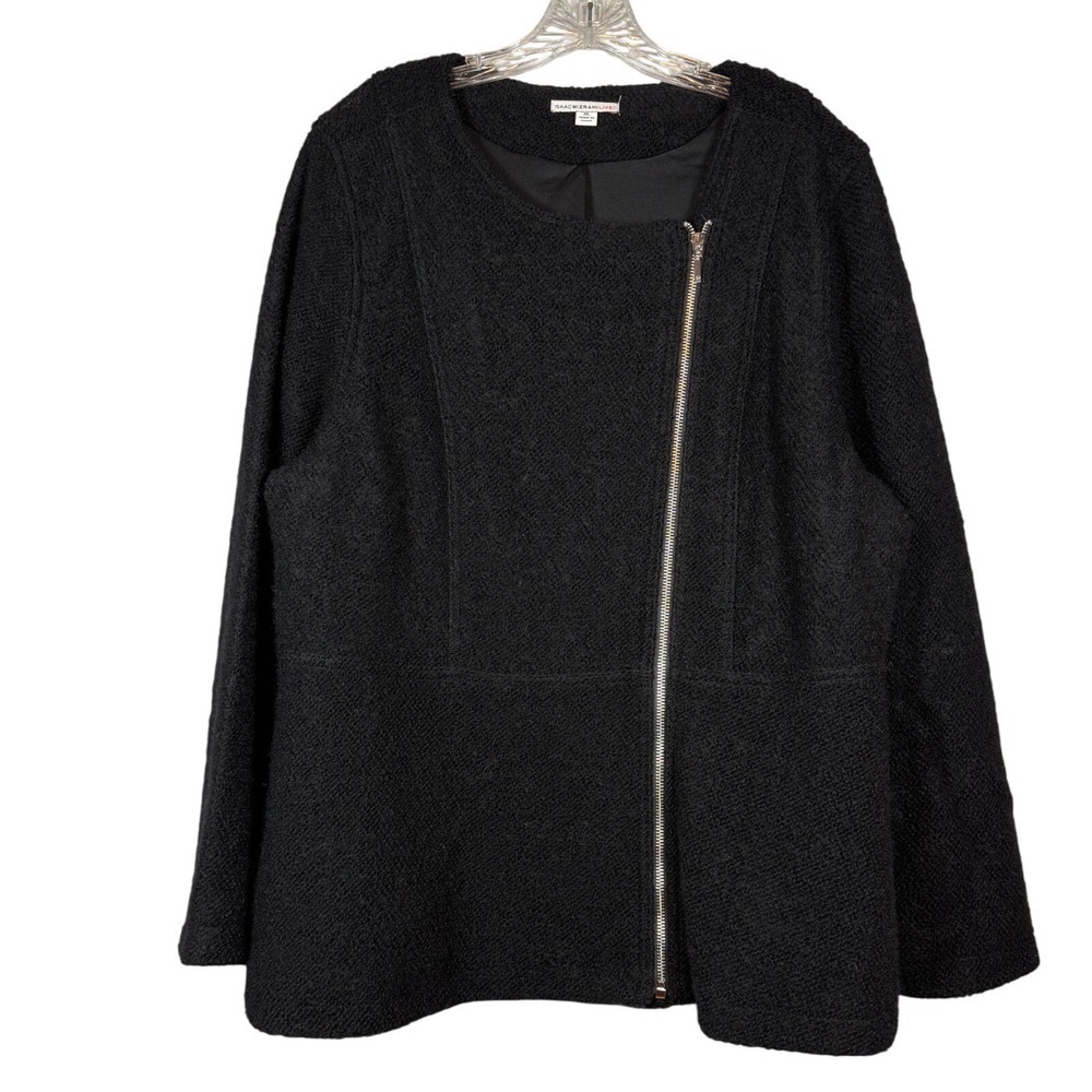 Isaac Mizrahi Black Wool Blend Jacket, Asymmetrical Zipper, Silver Hardware, XL